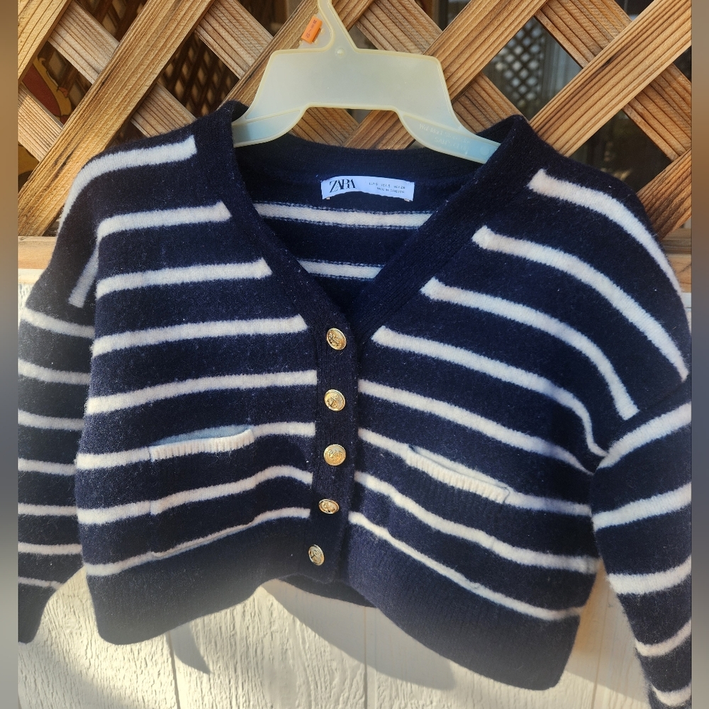 Zara Cropped Navy and White Striped Cardigan